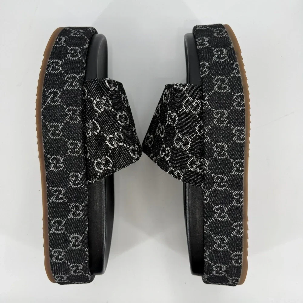 Gucci Platform Slides Womens 42/US 12 Black GG Monogram Denim Sandals Condition